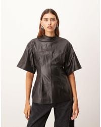 ARRANGE - Soft Leather High Neck Top With Nipped-in Waist - Lyst