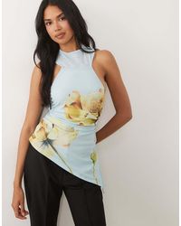 ASOS - Printed Mesh Lace Up Back Top With Oversized Floral - Lyst