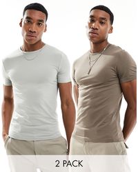 ASOS - Confezione da 2 t-shirt attillate grigia e marrone - Lyst