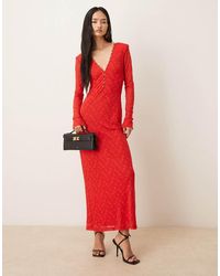 Bardot - Vestido Midi Escotado De Manga Larga Con Detalle De Botones Y Capa Superior De Encaje Zenia De - Lyst