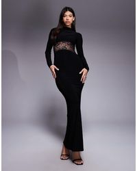 ASOS - High Neck Long Sleeve Maxi Dress With Lace Panel - Lyst