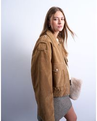 TOPSHOP - Cropped Faux Suede Bomber Jacket With Snap Details - Lyst