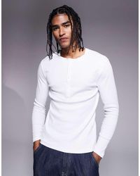 ASOS - Camiseta Blanca Ajustada De Manga Larga Con Cuello Panadero De Canalé De - Lyst