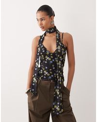 ASOS - Printed Mesh Cami Top With Scarf Detail - Lyst