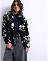 TOPSHOP - Mono Floral Print Fleece Borg Jacket - Lyst