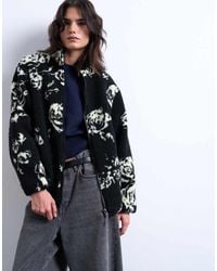 TOPSHOP - Mono Floral Print Fleece Borg Jacket - Lyst