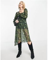 Reclaimed (vintage) - Vestido largo verde con estampado floral difuminado, bajo asimétrico y mangas abullonadas - Lyst