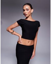 Kaiia - Exclusive Double-layered Slinky Boatneck Low Back Crop Top - Lyst