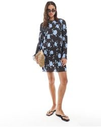 Vero Moda - Vestito Corto A Maniche Lunghe Plissé Color Cioccolato E Blu A Fiori - Lyst