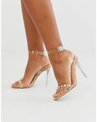 Public Desire Azalea Rose Gold Clear Strap Embellished Heeled Sandals in  Metallic - Lyst