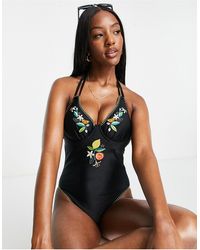 Figleaves Fuller Bust Embroidered Double Strap Swimsuit - Black