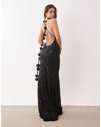 Oh Polly - Premium Embellished Plunge Tie Back Floral Detail Maxi Dress - Lyst
