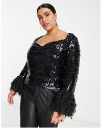 ASOS - Curve Embellished Long Sleeve Top With Feather Cuff & Cowl Neck Detail - Lyst