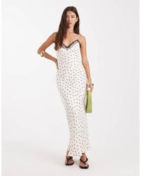 Miss Selfridge - Midi Jurk Van Satijn En Kant Met Stippen - Lyst