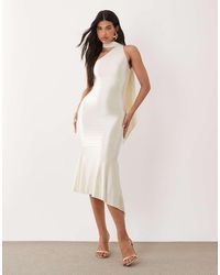 Oh Polly - Satin Tie Neck Detail One-shoulder Asymmetric Maxi Dress - Lyst