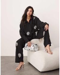 ASOS - Pantalones Negros De Pernera Ancha Extragrandes Con Diseño De Lunares De Flecos De Strass De (Parte De Un Conjunto) - Lyst