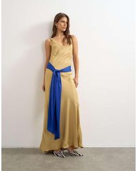 TOPSHOP - Satin Dropped Waist Maxi Dress With Contrast Tie Belt - Lyst