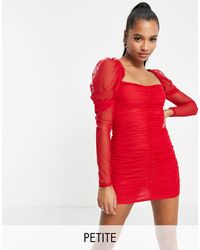 Missguided Ruched Mesh Mini Dress With Long Sleeve - Red