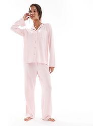 Loungeable - Ensemble pyjama côtelé à liseré avec top col à revers et pantalon ample - chiné - Lyst