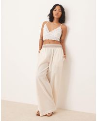 ASOS - Petite Linen Blend Pull On Wide Leg Trousers With Shirred Waist Detail - Lyst