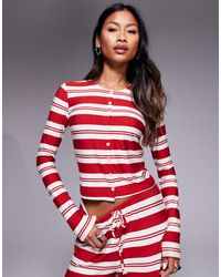 Kaiia - Exclusivité - - top d'ensemble boutonné à manches longues et rayures en jersey ultra doux - rouge et blanc - Lyst