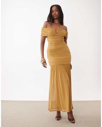 ASOS - Mesh Bardot Ruched Dropped Waist Maxi Dress With Wire Trim - Lyst