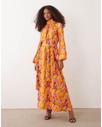 Iyal - High Neck Balloon Sleeve Tie Waist Maxi Dress - Lyst