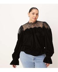ASOS - Asos Design Curve Velvet And Lace Mix High Neck Long Sleeve Blouse - Lyst