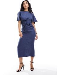 ASOS - Linen-look Flutter Sleeve Midi Dress With Ruching Detail - Lyst