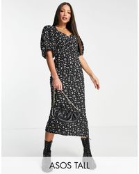 ASOS - Asos Design Tall Puff Sleeve Wrap Front Midi Dress With Tie Back - Lyst