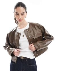 ASOS - Cropped Collarless Leather Look Jacket - Lyst