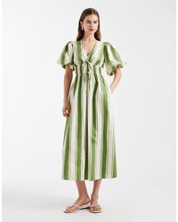New Look - Stripe Puff Sleeve V-neck Midi Dress - Lyst