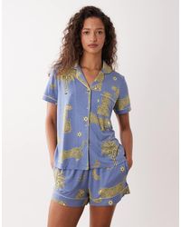 Chelsea Peers - Short Sleeve Jersey Revere Shirt And Shorts Set With Leopard Print - Lyst