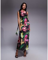 ASOS - Satin Drape Neckline Midi Dress With Long Tie Back Detail And Split - Lyst