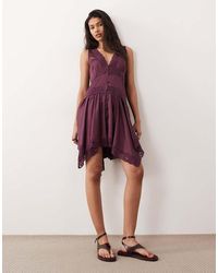Miss Selfridge - Boho Satin Lace Insert Hanky Hem Mini Dress - Lyst