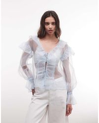Monki - Sheer Frilled Long Sleeve Blouse - Lyst