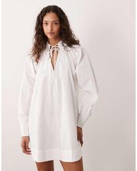 ASOS - High Neck Tie Poplin Mini Dress With Puff Sleeve - Lyst
