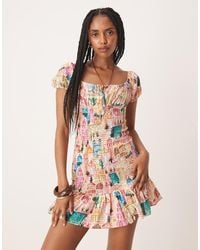 ASOS - Bardot Tie Front Shirred Mini Dress - Lyst