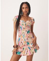 ASOS - Vestito Corto Allacciato Sul Davanti Arricciato Con Stampa A Fiori E Scollo Alla Bardot - Lyst
