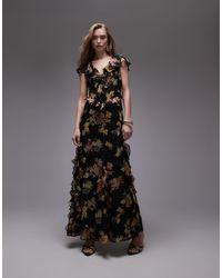 TOPSHOP - Vestito Midi Da Cerimonia A Fiori Con Manica Con Volant - Lyst