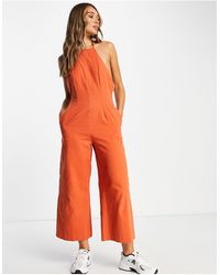 ASOS - Twill Strappy Halter Neck Jumpsuit With Wide Leg - Lyst