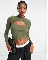 ASOS - 2 In 1 Long Sleeve Rib Top With Cut Out In Olive - Lyst