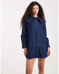 ASOS - Denim Mini Dress With Collar Detail And Peplum Hem - Lyst