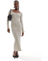 Pieces - Geribbelde Maxi Jurk Met Lange Mouwen, Vierkante Hals En Strepen - Lyst