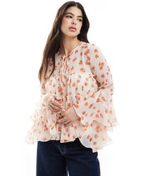 ASOS - Tie Front Tiered Blouse With Ruffle Cuffs - Lyst