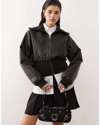 Lioness - Cropped Bomberjack Met Leerlook En Elastische Zoom - Lyst