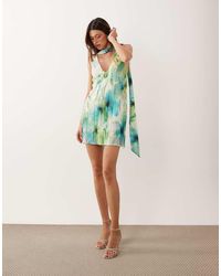ASOS - Printed Plisse Mini Dress With Scarf Detail - Lyst