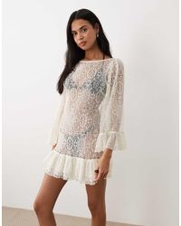 Miss Selfridge - Beach Lace Puff Sleeve Ruffle Mini Dress Cover Up - Lyst