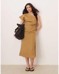 Mango - Vestido Midi Asimétrico Con Detalle Fruncido En La Cintura De Lino 100% De -Neutro - Lyst