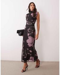 ASOS - Printed Mesh High Neck Detail Maxi Dress With Shoulder Pads - Lyst